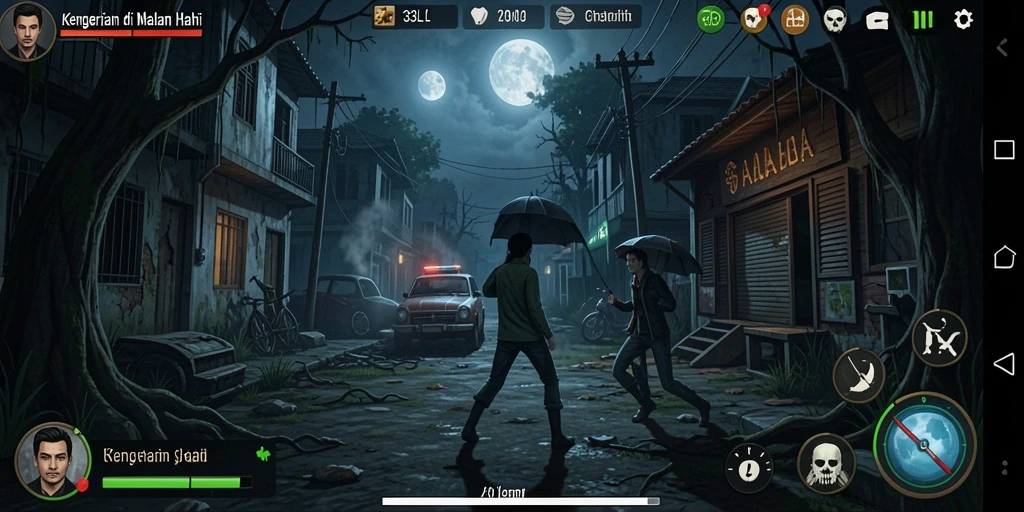 Screenshot gameplay 33L menampilkan suasana horror yang mencekam.