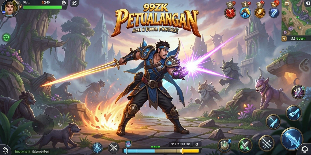 Screenshot gameplay menampilkan pertarungan seru di dalam dunia fantasi 99ZK.