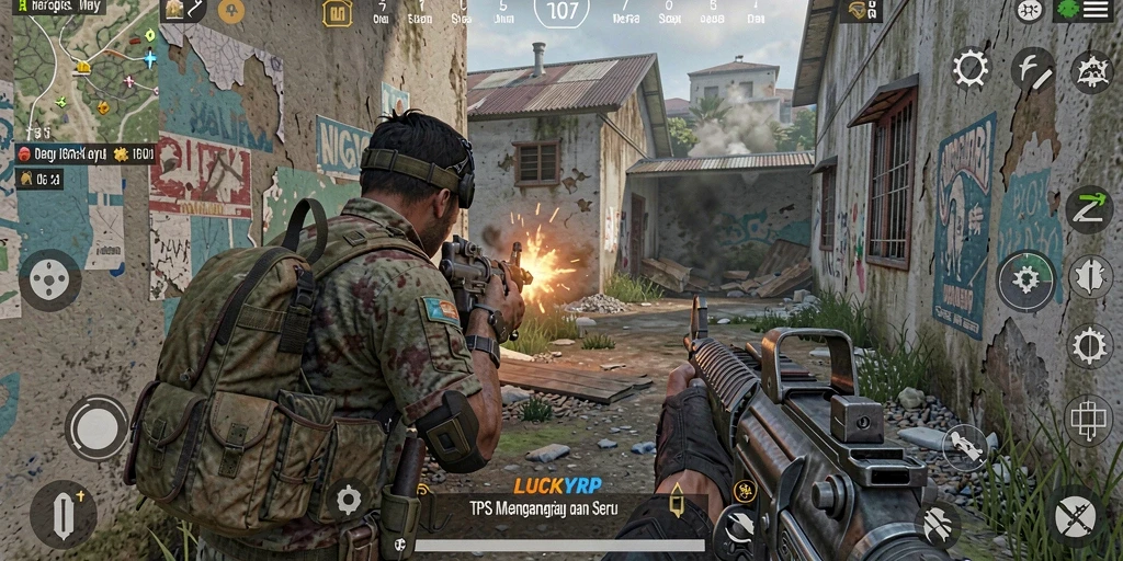 Screenshot dari gameplay LUCKYRP yang menampilkan pertempuran seru dalam TPS.