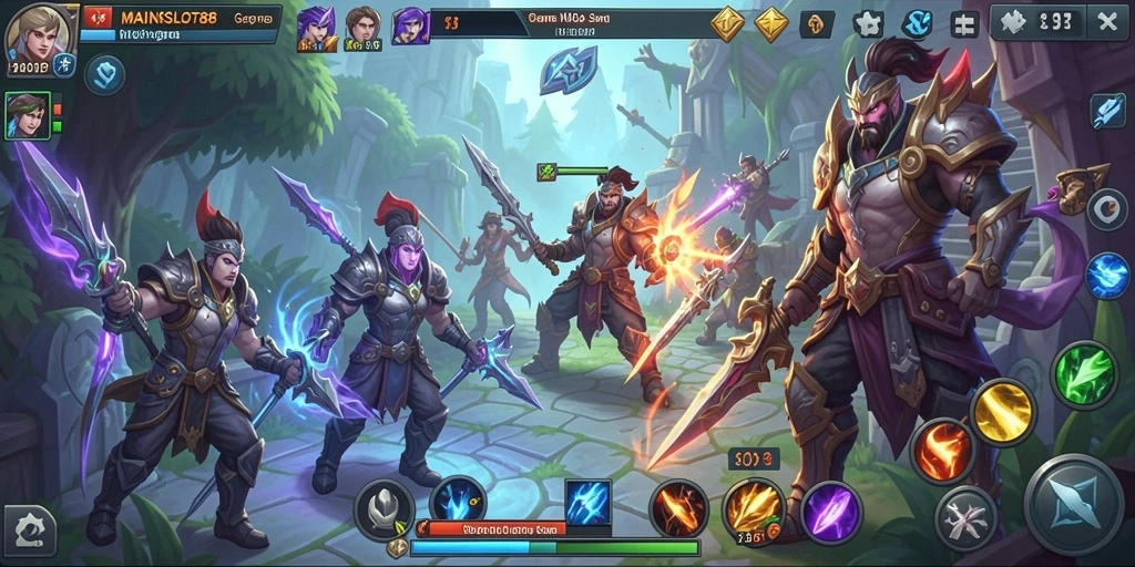 Tampilan gameplay seru di MAINSLOT88, menunjukkan pertarungan antar karakter MOBA.