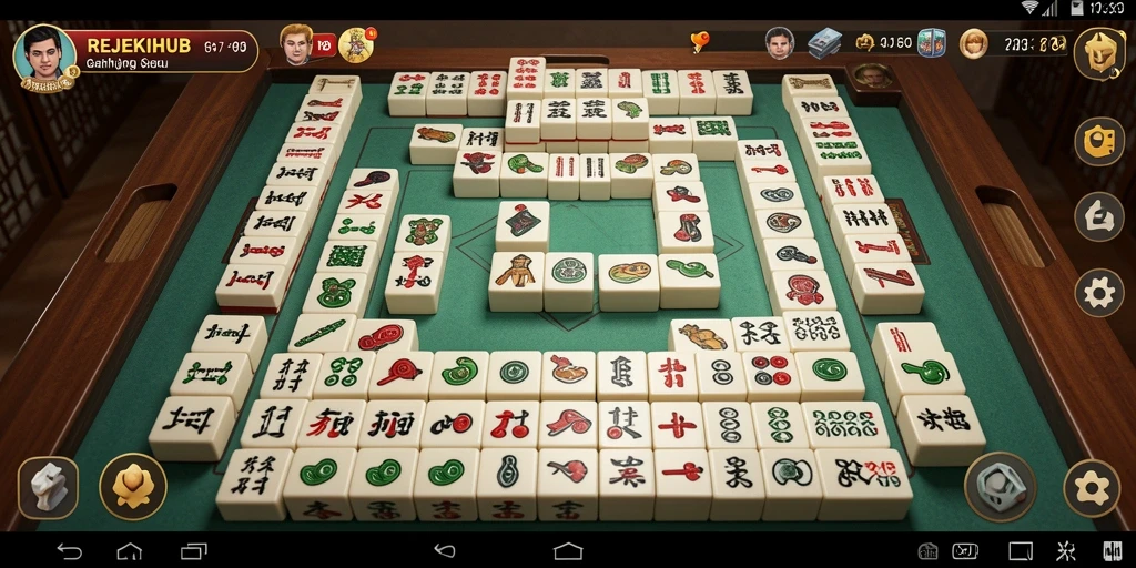 Screenshot gameplay REJEKIHUB menampilkan ubin Mahjong yang penuh warna.